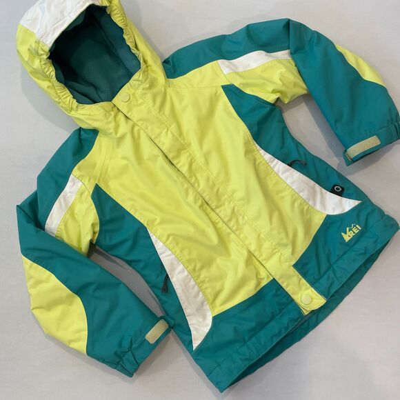 ~ REI Girls XS Snow Winter Coat* Hood Teal Aqua Yellow Chartreuse Zip Adjustable